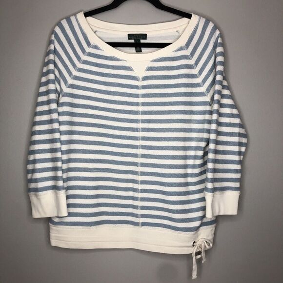 LRL Lauren Jeans Co Women's L‎ Blue White Stripe 3/4 Sleeve Side Drawstring Top - Picture 1 of 4